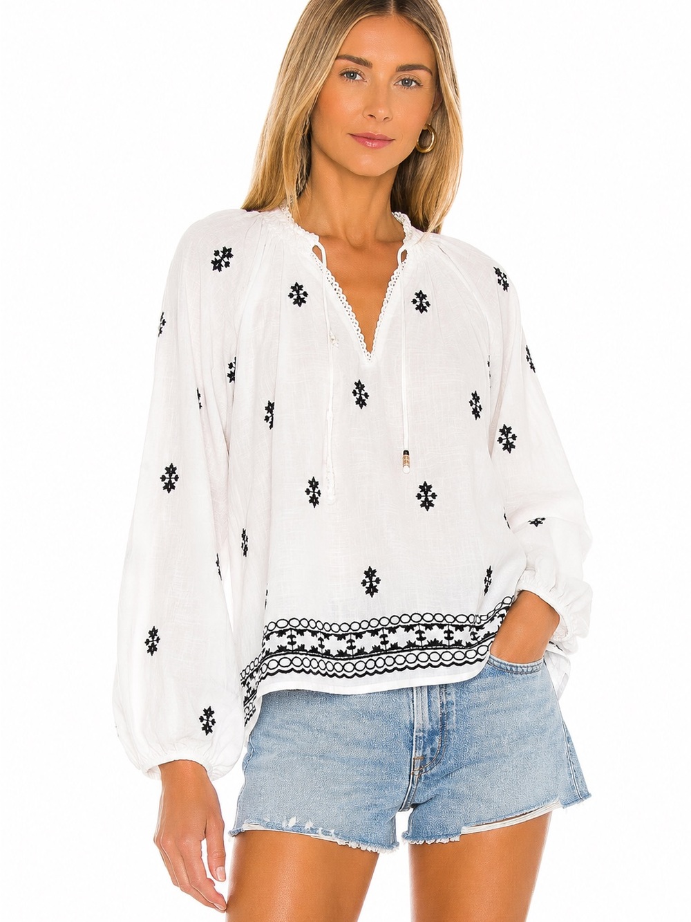 Zara Embroidered Cotton Peasant Blouse White Black Boho Folk Cottagecore Size S